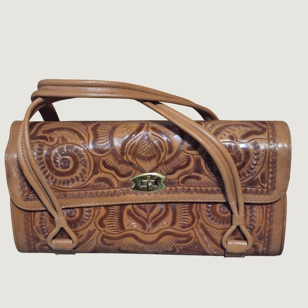 Vintage Azteca Hand Tooled Leather Purse Mexican Floral Handbag Western Satchel